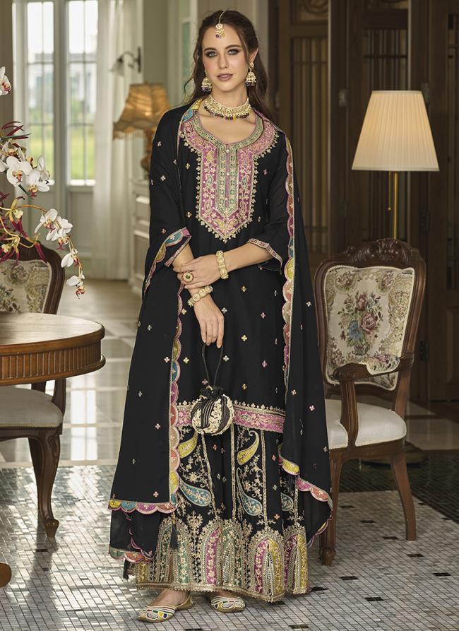 Chinnon Black Wedding Wear Embroidery Work Readymade Plazzo Suit